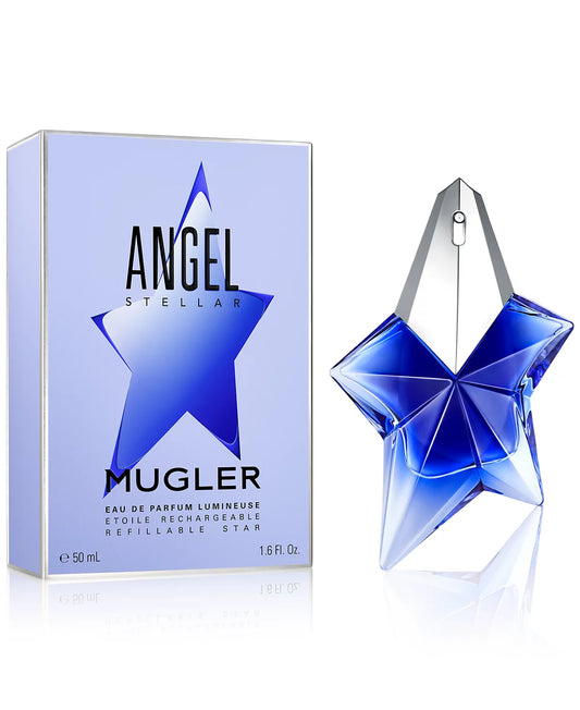 perfume bottle of angel stellar and packaging on a white background