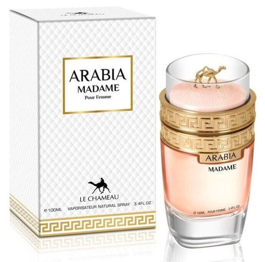 Perfume bottle and packaging of 'Arabia Madame' by Le Chameau on a white background