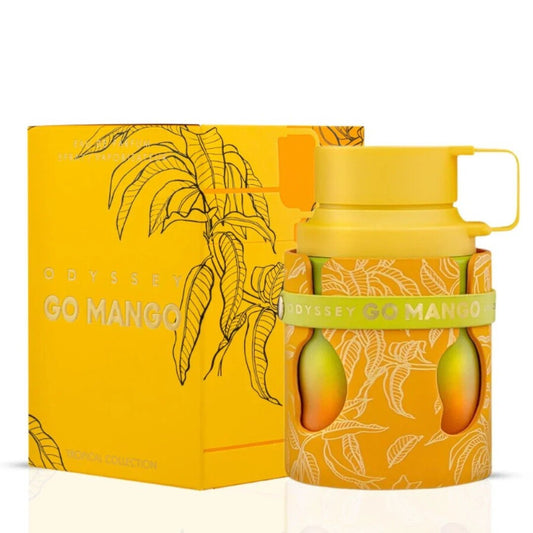 Yellow water bottle with mango design and matching box on a white background