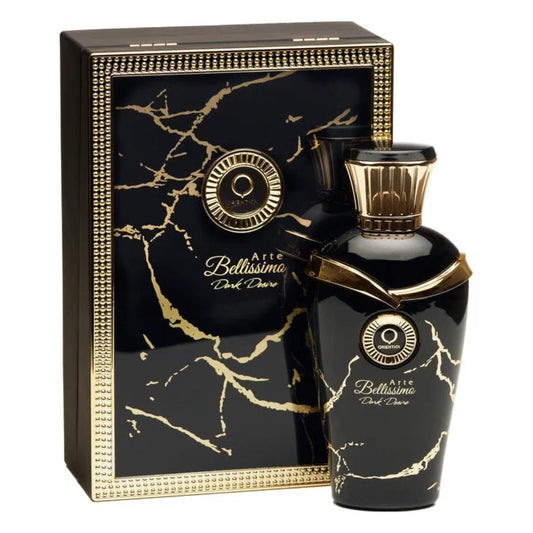 Black and gold perfume bottle with decorative packaging on a white background