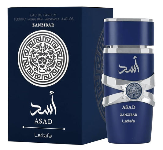 Zanzibar Asad perfume bottle and packaging with Lattafa branding