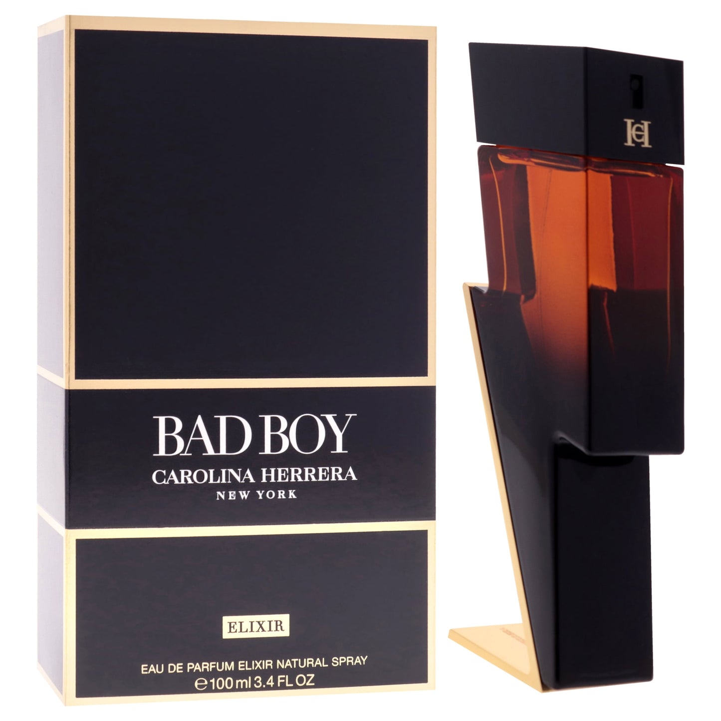 Carolina Herrera Bad Boy Elixir perfume bottle and packaging on a white background