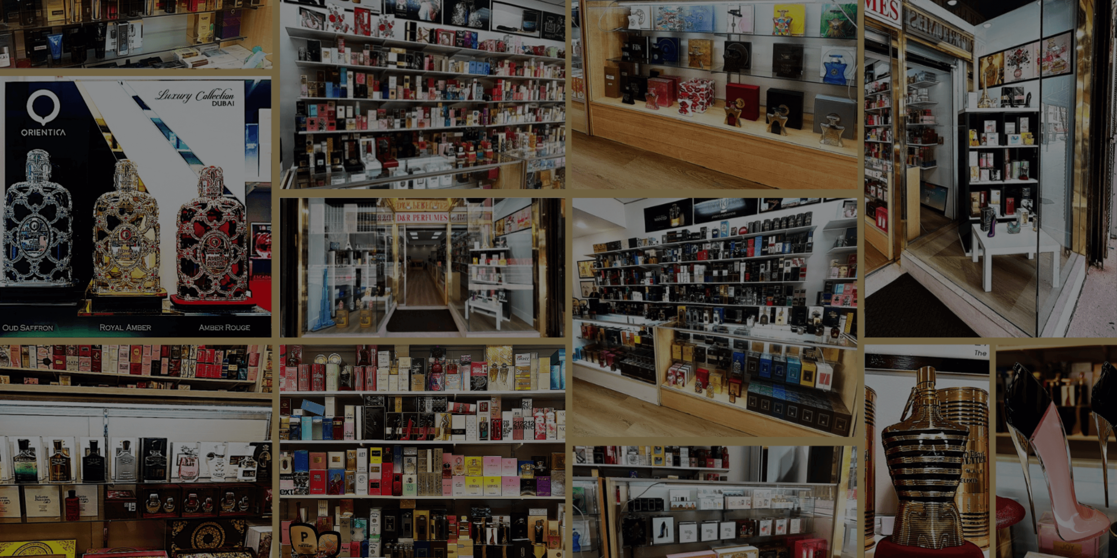 Collage of a store interior with shelves stocked with various products.