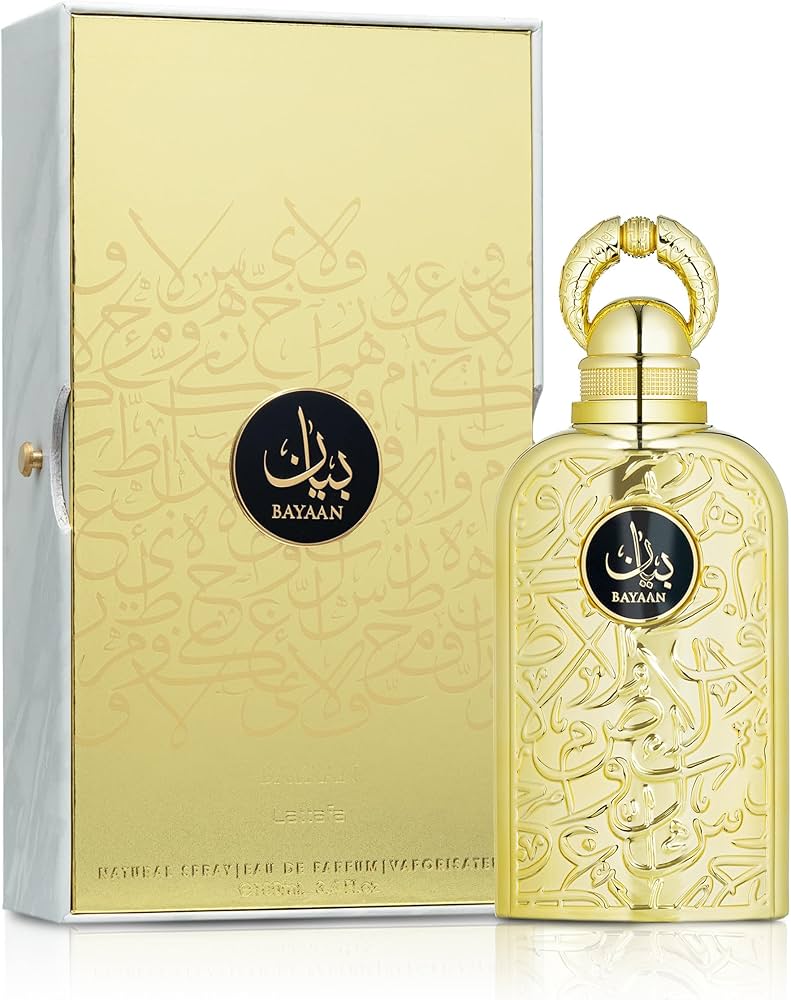 Gold BAYAAN perfume bottle with packaging on a white background