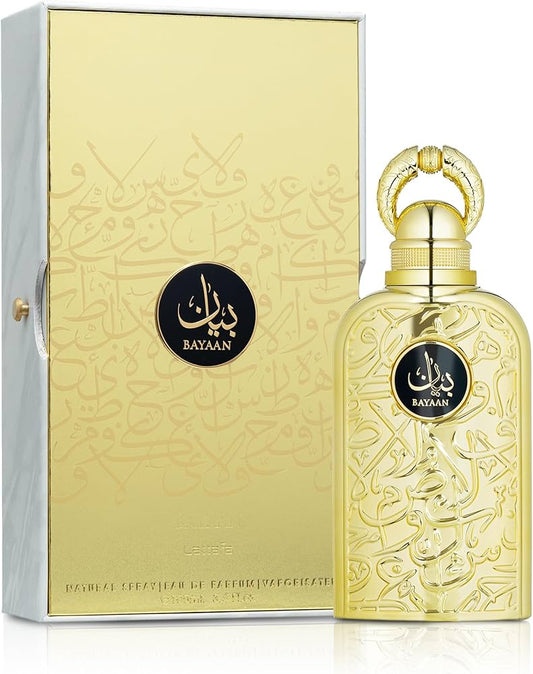 Gold BAYAAN perfume bottle with packaging on a white background