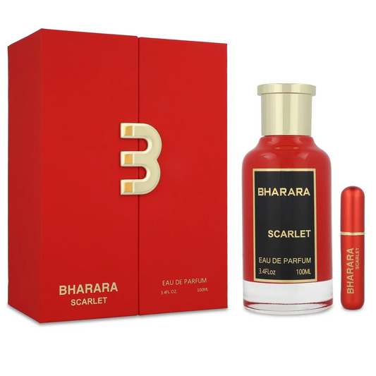 Bharara Scarlet perfume bottle and packaging on a white background