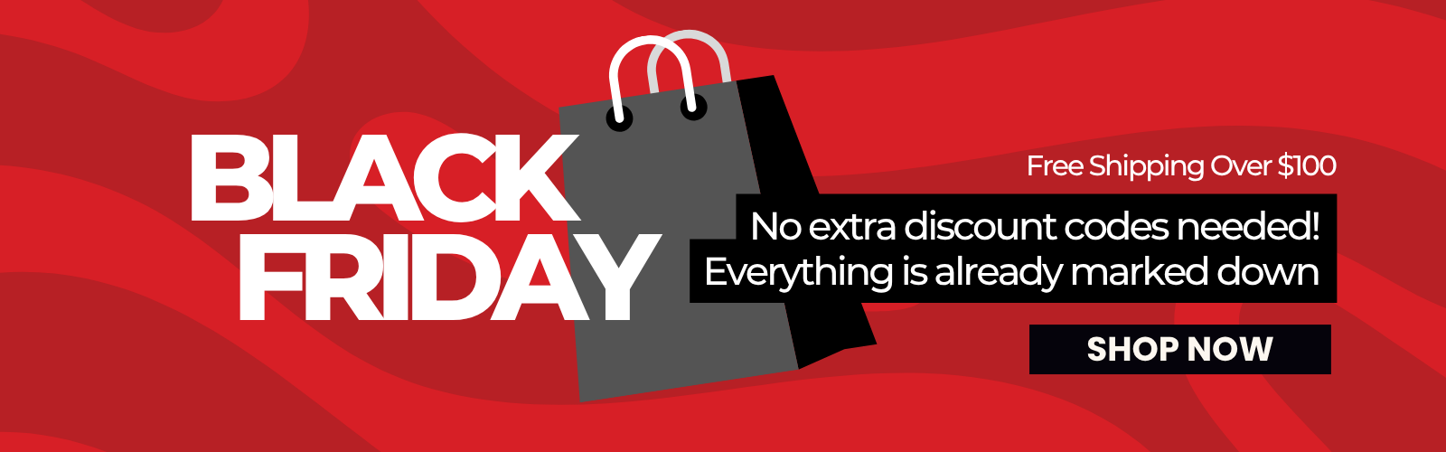 Black Friday sale banner with shopping bag graphic on red background