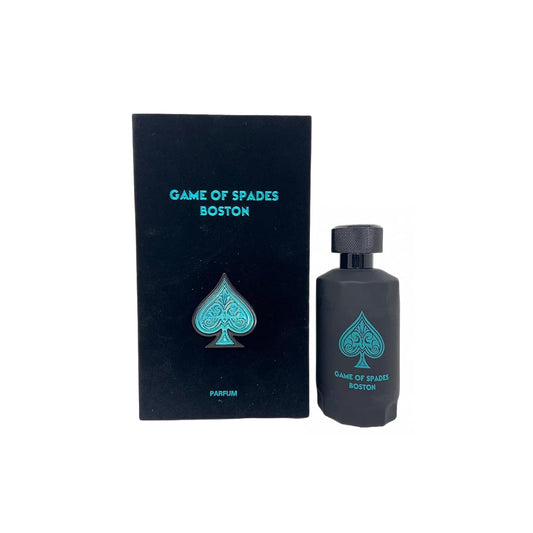 Black perfume bottle and packaging with 'Game of Spades Boston' branding on a white background