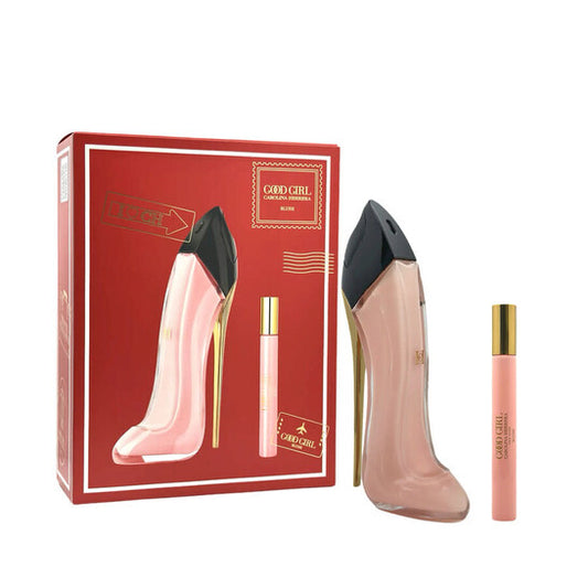 High-heeled shoe and perfume bottle set with red box on a white background