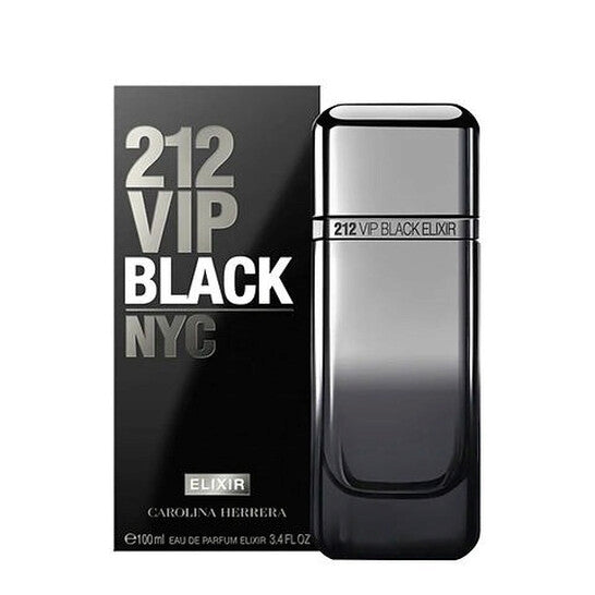 212 VIP Black Elixir perfume bottle and box on a white background