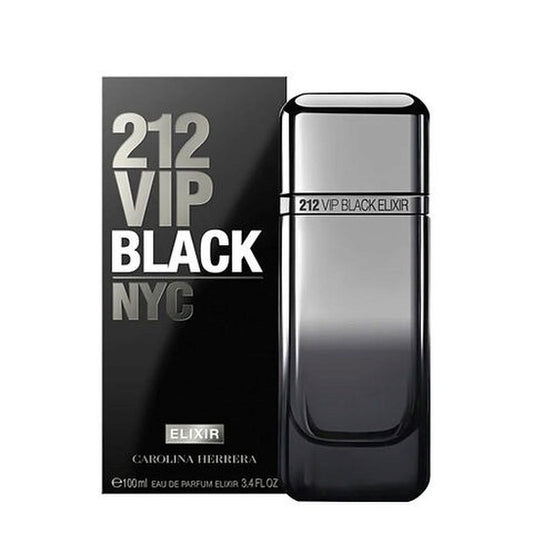 212 VIP Black Elixir perfume bottle and box on a white background