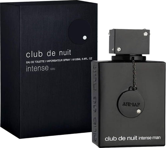 Black perfume bottle and packaging labeled 'club de nuit intense man' by Armaf on a white background.