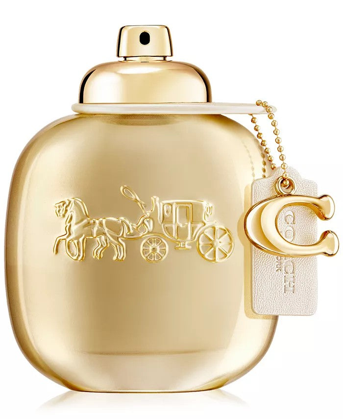 Gold perfume bottle with horse and carriage design and Coach logo on a white background