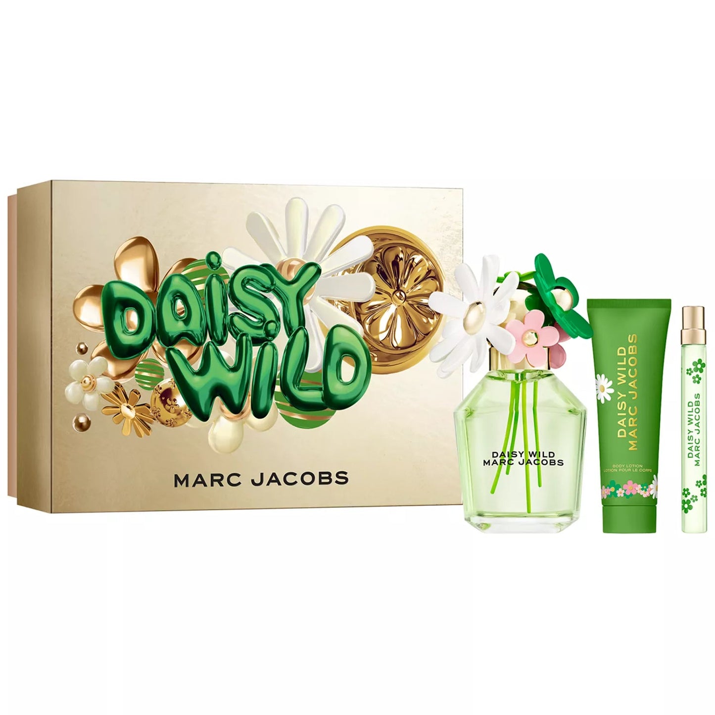 Marc Jacobs Daisy Wild perfume set on a white background