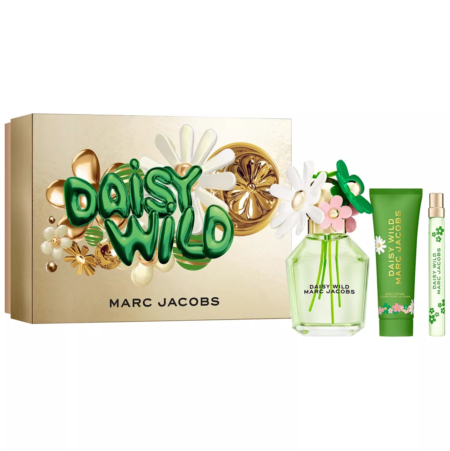 Marc Jacobs Daisy Wild perfume set on a white background
