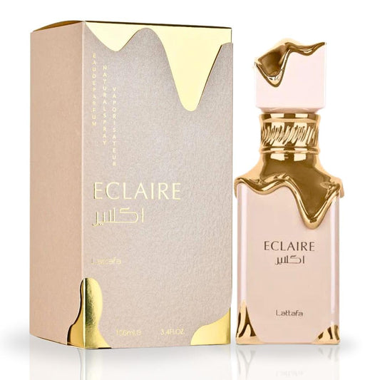 Eclaire perfume bottle and packaging on a white background