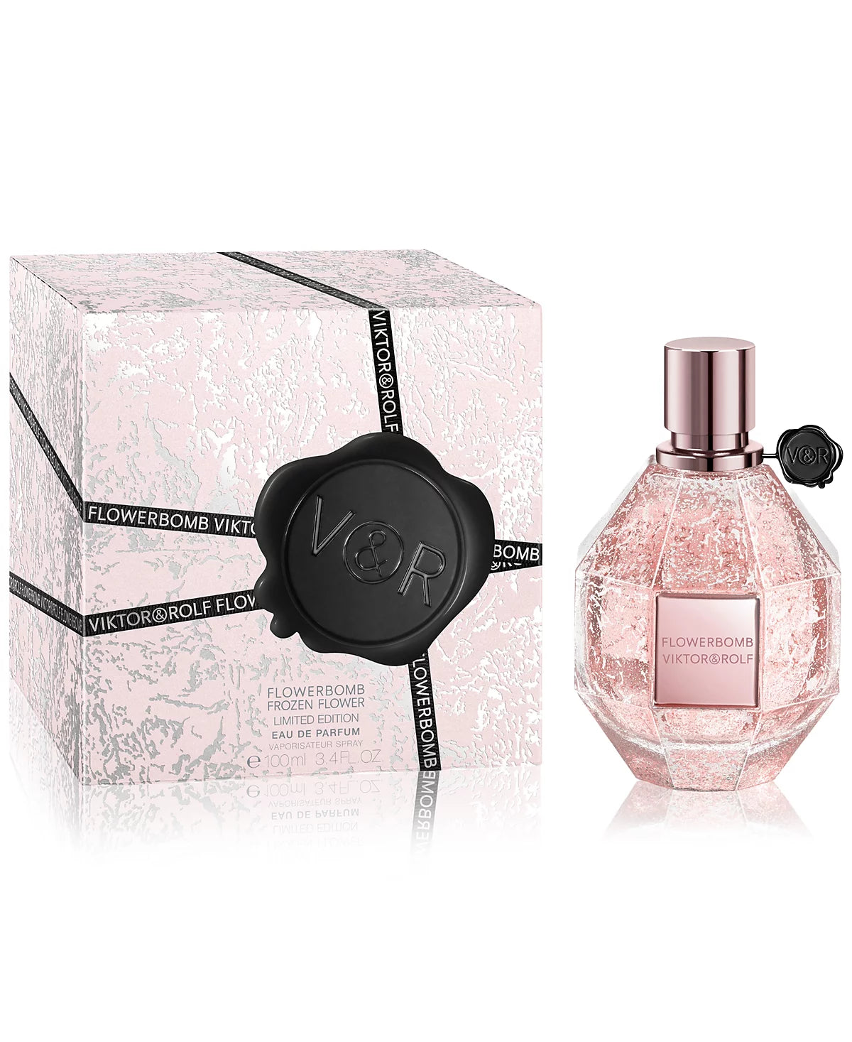 perfume box and bottle of viktor & rolf's flowerbomb frozen flower on a white background