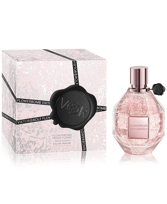 perfume box and bottle of viktor & rolf's flowerbomb frozen flower on a white background
