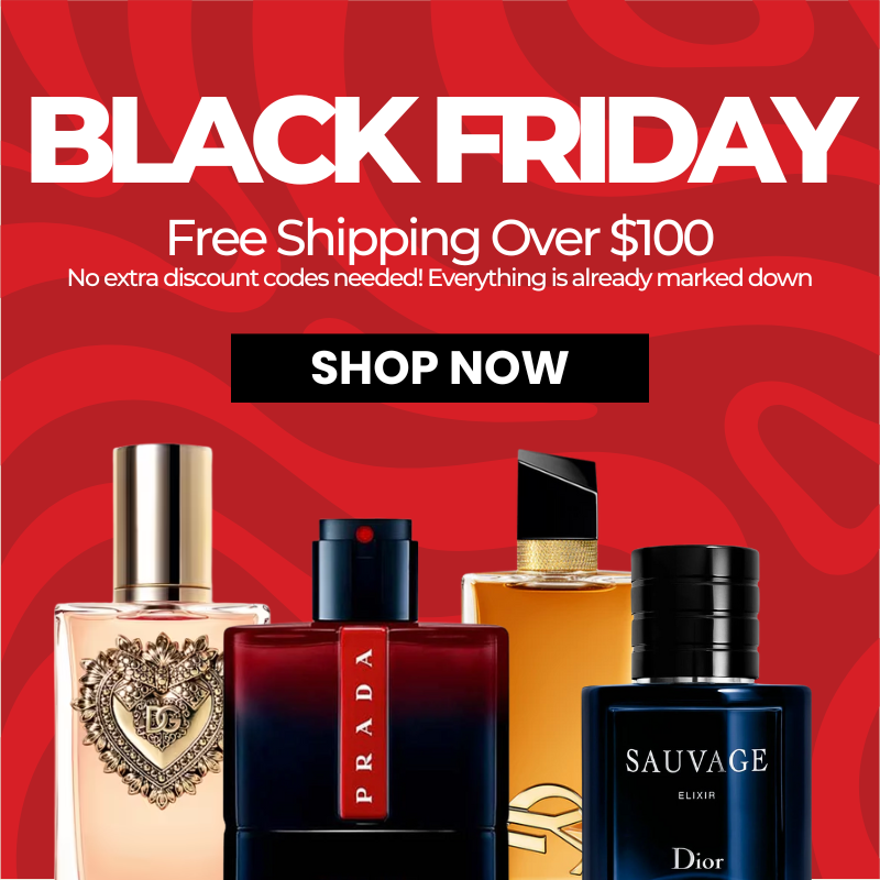 Black Friday sale advertisement with perfume bottles on a red background