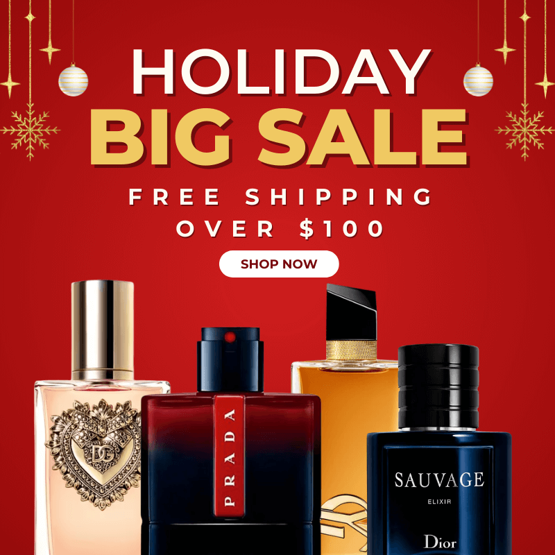 Advertisement for a holiday sale with perfume bottles on a red background