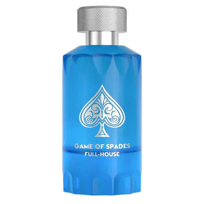 Blue perfume bottle with silver cap on a white background
