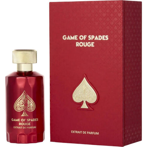 Red 'Game of Spades Rouge' perfume bottle and packaging with spade symbol.