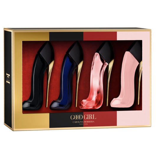 Box of high-heeled shoes with 'Good Girl' branding on a white background