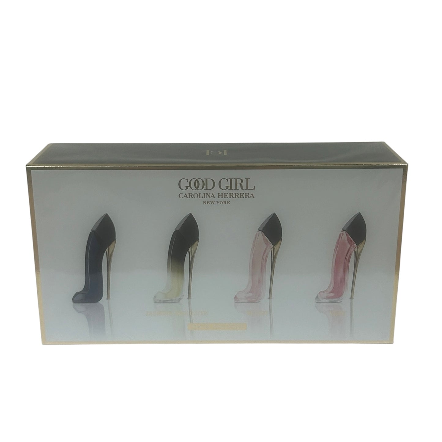 Box of high-heeled shoes with 'Good Girl' branding on a white background