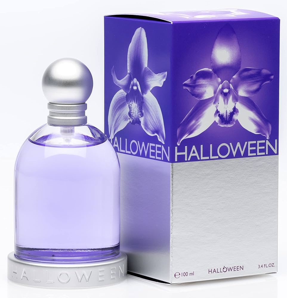 Halloween perfume bottle and packaging with purple orchid design on a white background