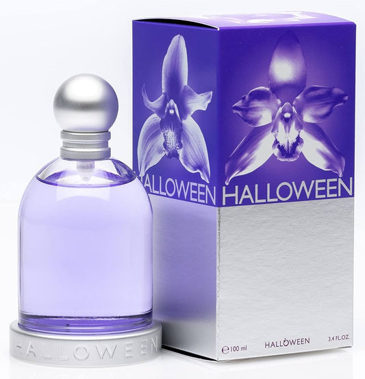 Halloween perfume bottle and packaging with purple orchid design on a white background