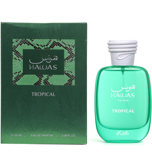 Hawas Tropical perfume bottle and packaging on a white background