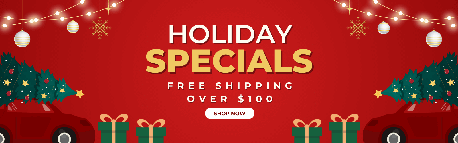 Red holiday banner with Christmas trees, presents, and free shipping offer on a red background.