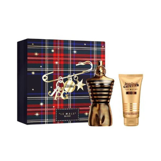 Jean Paul Gaultier perfume set with plaid box on a white background