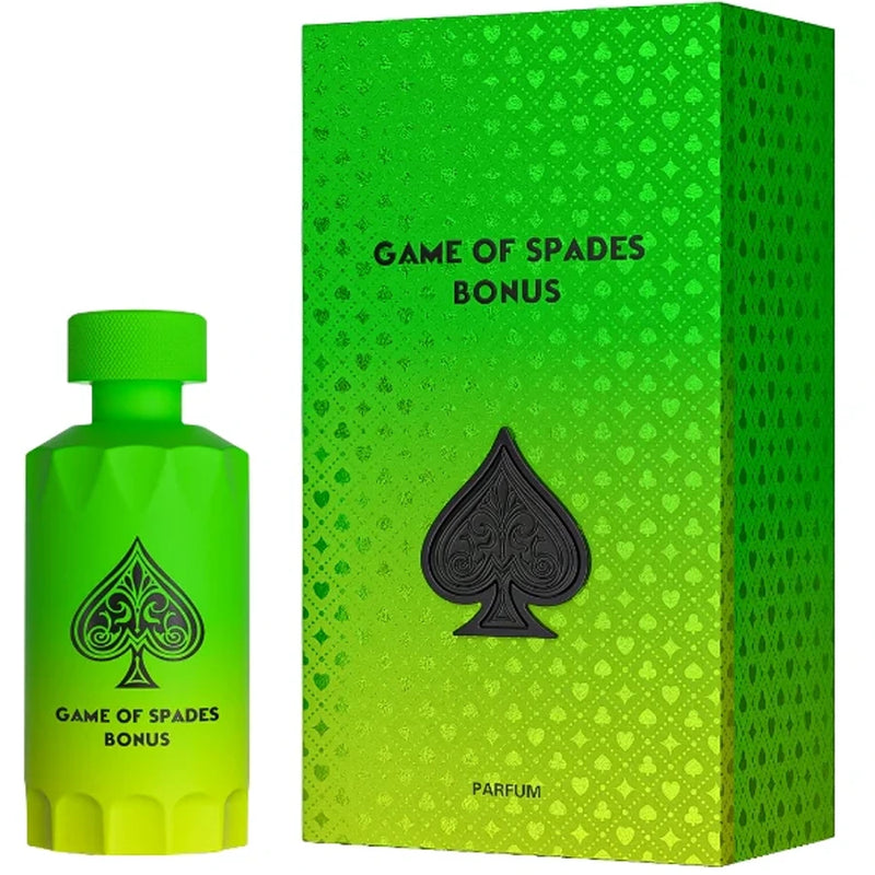 Green perfume bottle and packaging with 'Game of Spades Bonus' text and spade symbol.