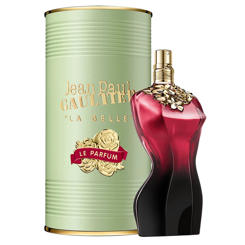 Jean Paul Gaultier La Belle perfume bottle and packaging on a white background