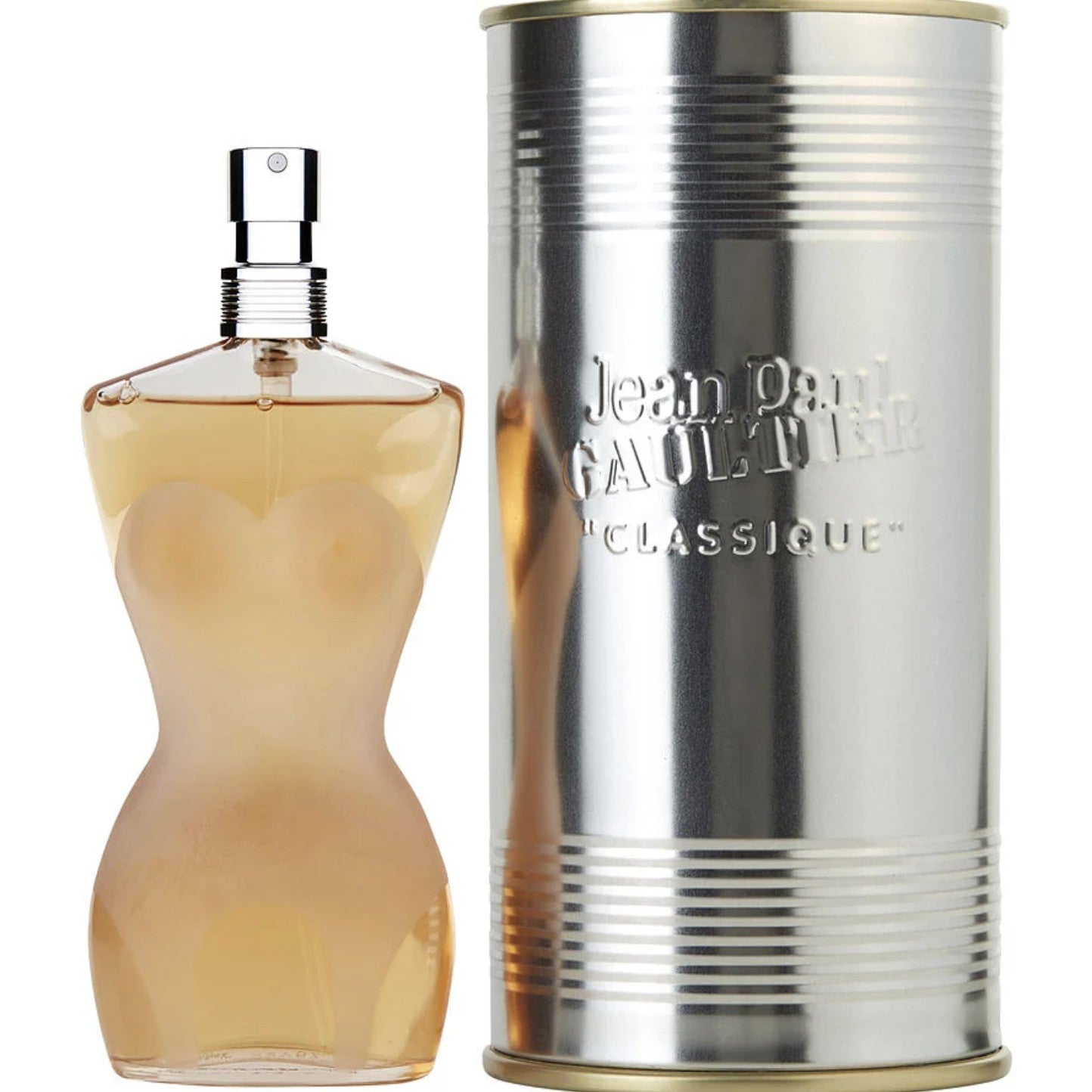 Jean Paul Gaultier Classique perfume bottle and silver canister on a white background