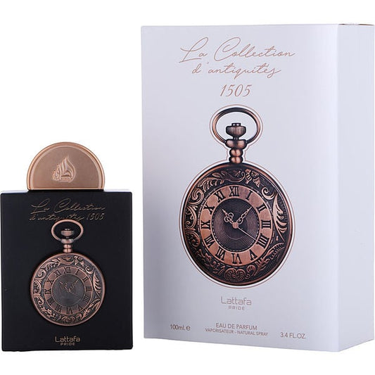 Perfume bottle and packaging with decorative design on a white background