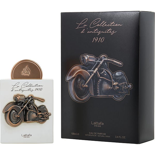 Lattafa perfume bottle and packaging with motorcycle design on a white background