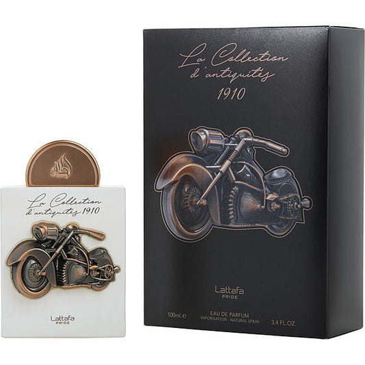Lattafa perfume bottle and packaging with motorcycle design on a white background
