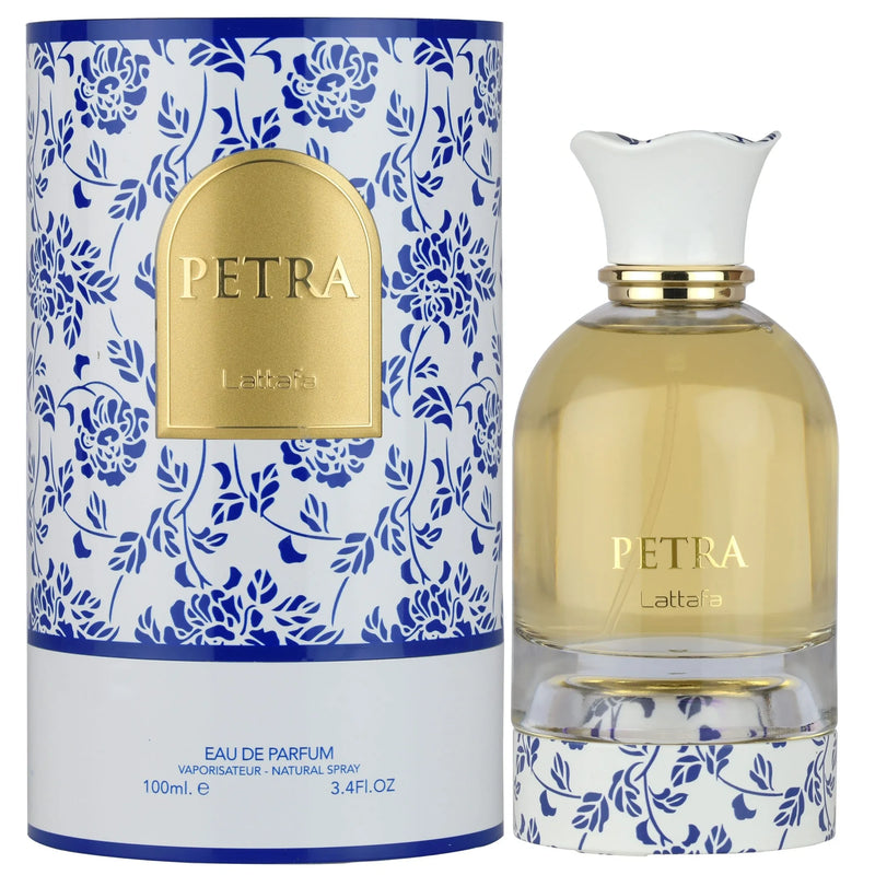 Petra Lattafa perfume bottle and packaging with floral design