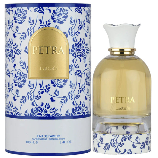 Petra Lattafa perfume bottle and packaging with floral design