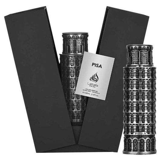 Perfume bottle shaped like the Leaning Tower of Pisa with packaging and label.