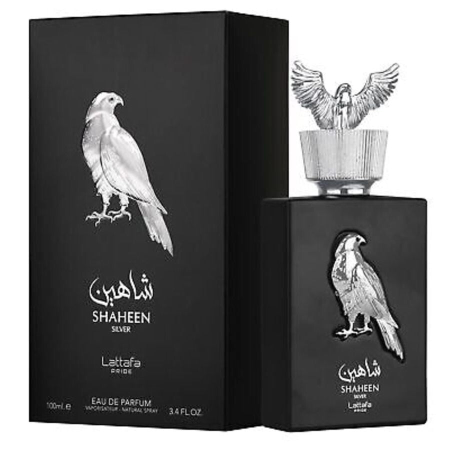 Black Shaheen perfume bottle and packaging with an eagle design on a white background