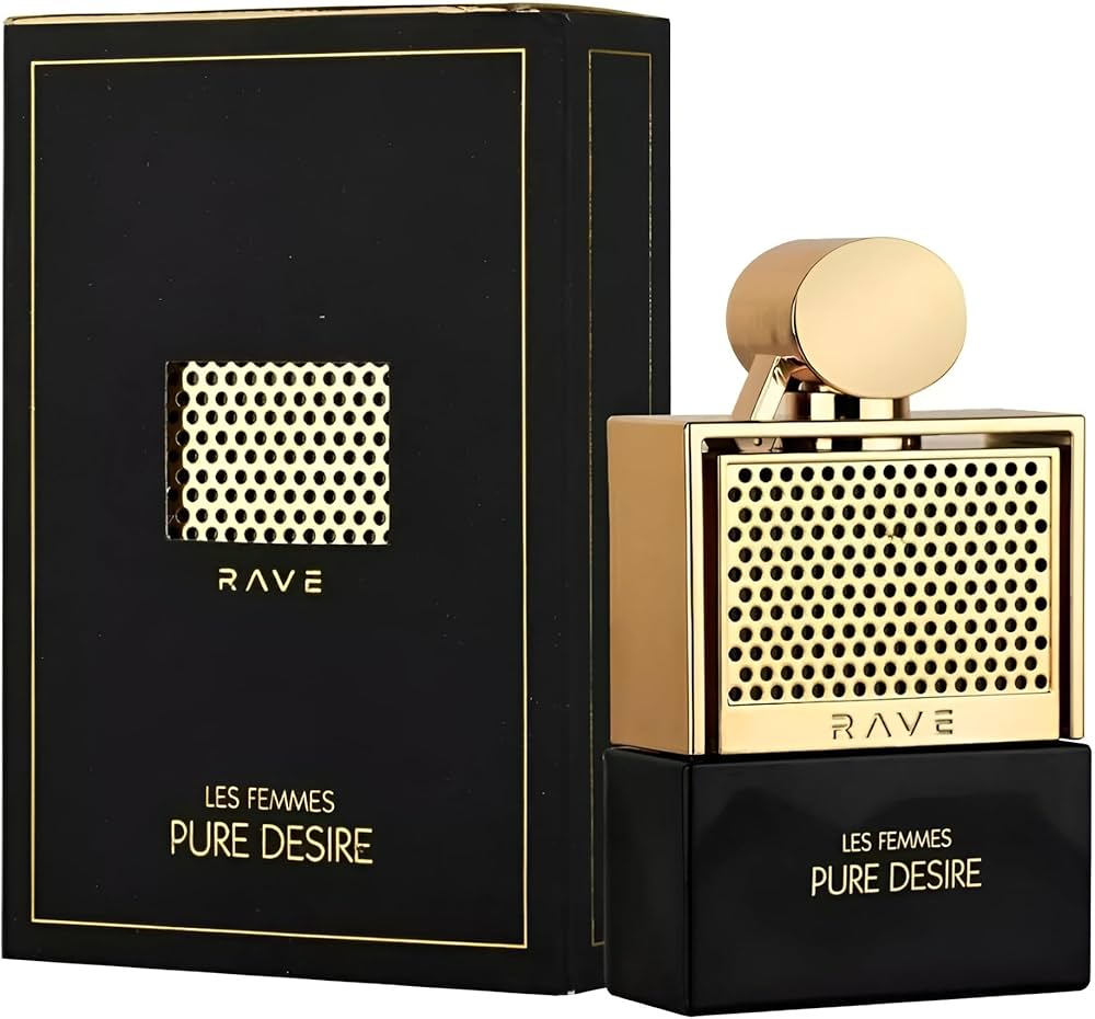 Rave Pure Desire Gold perfume bottle and packaging on a white background