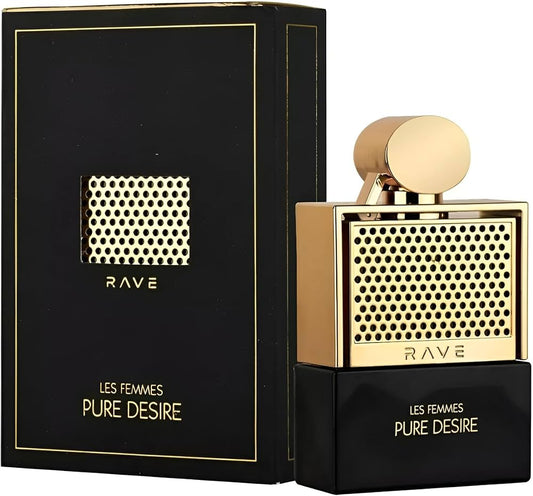 Rave Pure Desire Gold perfume bottle and packaging on a white background