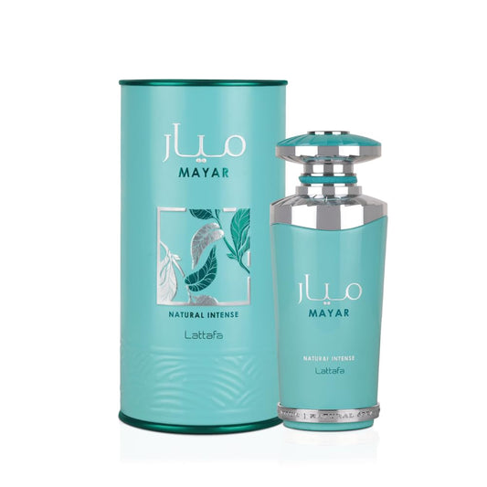 MAYAR perfume bottle and cylindrical container on a white background