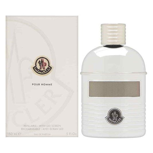 Moncler Pour Homme perfume bottle and packaging on a white background