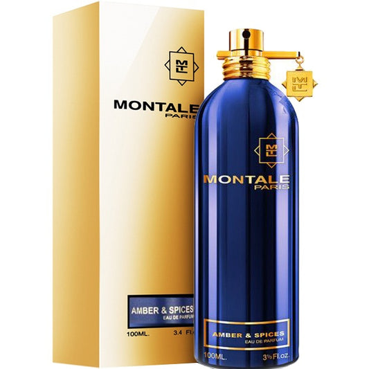 Montale Paris amber and spices perfume bottle and packaging on a white background