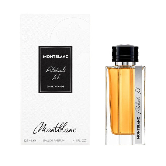 patchouli ink dark woods by montblanc perfume bottle and box on a white background