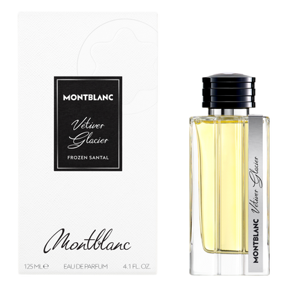 mont blanc vetiver glacier perfume bottle and box on a white background